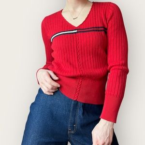 Red Knit Tommy Hilfiger V Neck Sweater Pull Over Medium